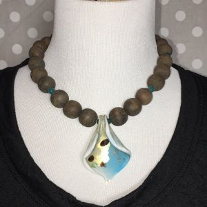 Unique glass and wooden beaded statement necklace